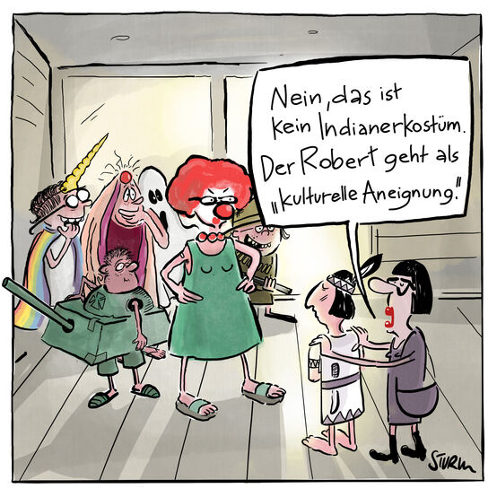 Karikatur "Kulturelle Aneignung" zeigt ein als Indianer gekleidetes Kind