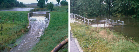 Links: Stauanlage am Volkersdorfer Mühlteich, rechts: Polder der Bartlake