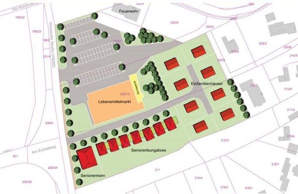 Bebauungsvorschlag - Quelle: B-Plan „Nahversorgungsmarkt und Wohnbebauung Medingen“ an der Weixdorfer Straße.