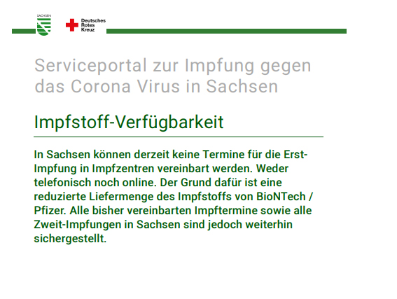 Screenshot: gemeinsames Serviceportal des Freistaates und des DRK zur Impfung gegen das Corona Virus in Sachsen